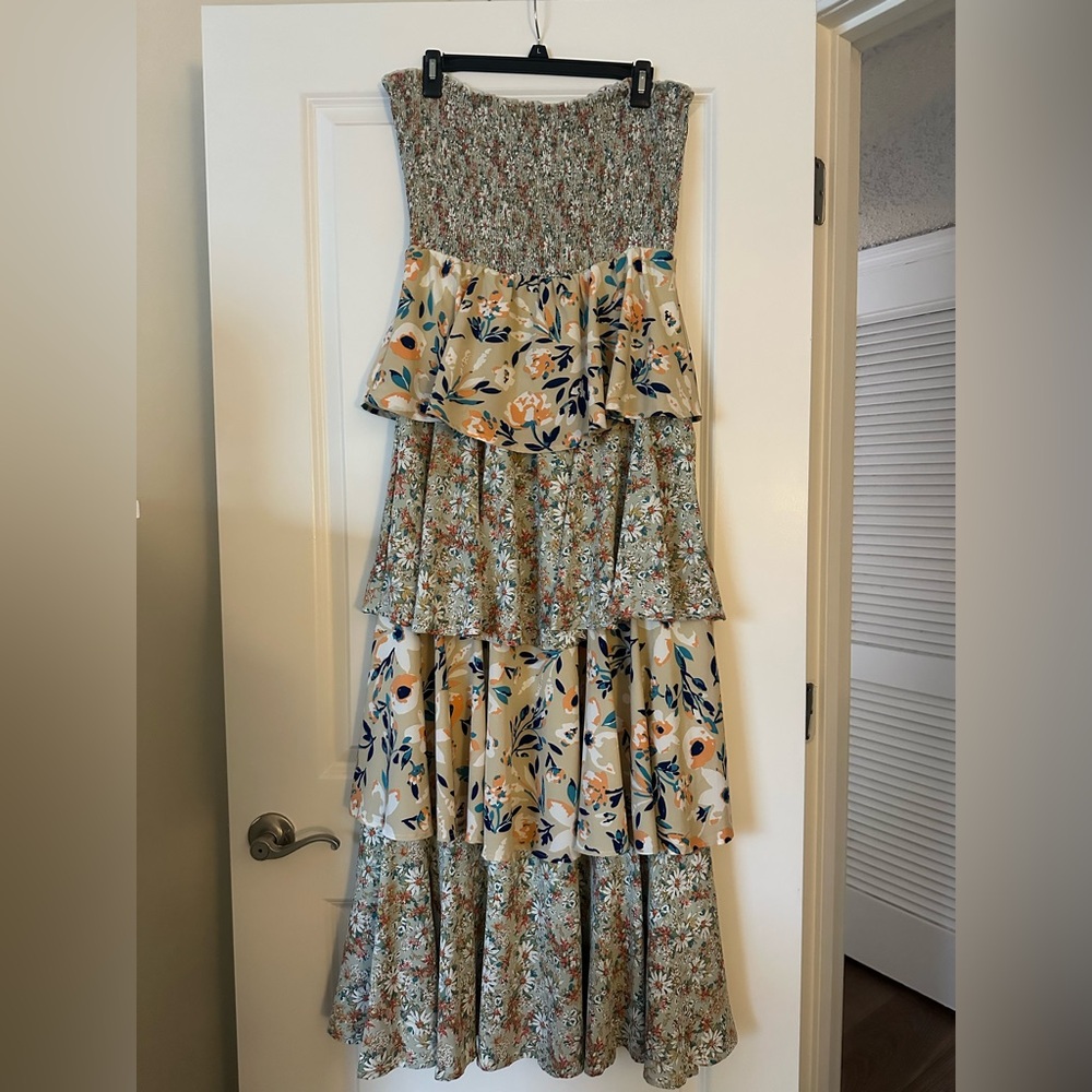 fab'rik Smocked Strapless Floral Dress